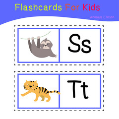Vector set of flashcards for kids with cute animal themes. Alphabet for kid education. Learn letters with funny zoo animals for kids. Childish Vector ABC Poster for Preschool Education.
