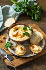Middle Eastern, Hummus Arabic Cuisine. Vegetarian dips Homemade chickpea hummus with olive oil,...