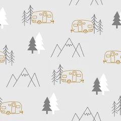 Acrylic prints Mountains Light Grey Camper Print Repeating Pattern Seamless