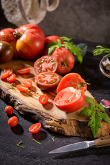 Tomatoes on rustic kitchen counter