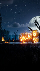 Fototapeta premium best Halloween scary and Spooky pumpkin in fire. around mystic night and cemetery . High quality 3d render