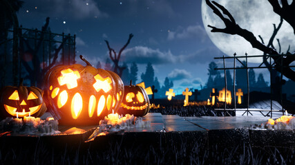 Fototapeta na wymiar best Halloween background. scary and Spooky pumpkin in fire. around mystic night and cemetery . High quality 3d render