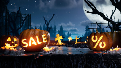 best Halloween background. scary and Spooky pumpkin in fire. around mystic night and cemetery . High quality 3d render