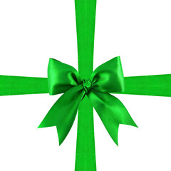 Beautiful green satin gift bow with crossed ribbons, isolated on white