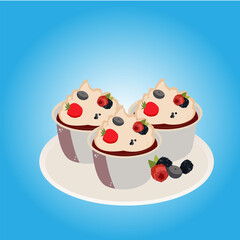 tasty three cupcakes with fruits on a plate	
