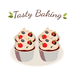 tasty four cupcakes with fruits on a plate	
