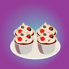 tasty four cupcakes with fruits on a plate	
