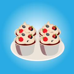 tasty four cupcakes with fruits on a plate	
