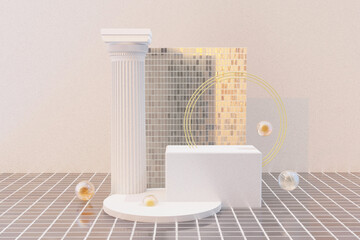 minimal abstract geometric podium scene 3d rendering with cubes, glass, column for presentation product. Cosmetic background.