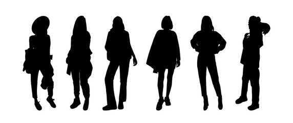 Girls posing in youth clothing in silhouette style for printing on T-shirts, bags, laser carving. Vector illustration.