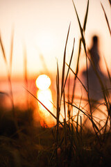 The landscape is out of focus, a blurred silhouette of a woman and grass in the background, a greeting card with a summer concept, sunset and beach. 