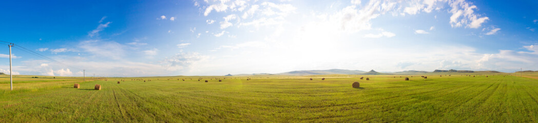Fototapeta na wymiar Russian summer panoramic landscape with sunny green meadows with mown hay, haystacks and awe sky with clouds.
