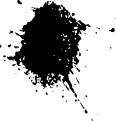 Black grunge splatter texture. Vector distress illustration. Black blot of ink. Dirty artistic design element for border frames, signs, banners, symbol, prints, web and template. Isolated