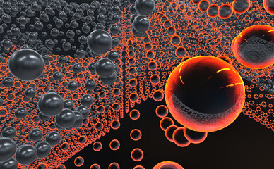 Abstract composition of multicolored transparent and metallic spheres of different sizes. 3d rendering.