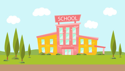 Cartoon school building. Illustration of a school with landscaping. Modern illustration of the school. Vector flat illustration.