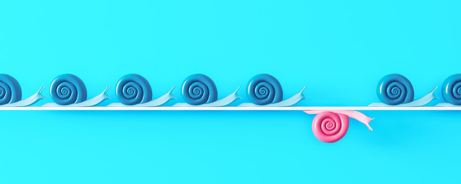 Think differently and be different concept. Pink snail goes the other way, 3d render 3d illustration