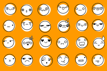 Emoji icons yellow background. Cute emoticons face, vector illustration.  Different mood positive and negative human feelings illustration.