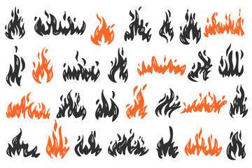 Set of doodle flame. Collection of hot flaming element.                                              ​Illustration of nature phenomenon.