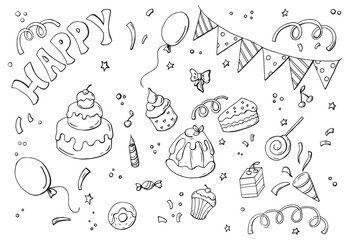 Party set with sweety and cakes black and white