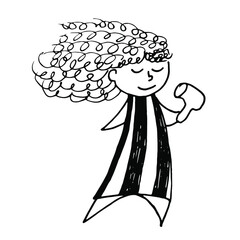 Hand-drawn cartoon funny curly girl with a hairdryer in her hand