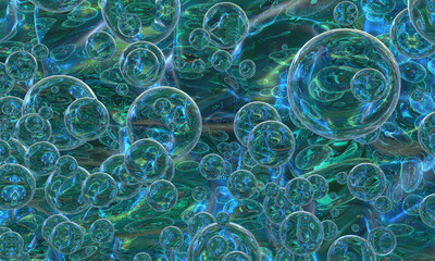 Abstract composition of multicolored and green spheres of different sizes. 3d rendering.