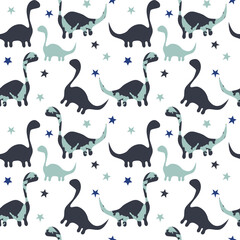 Seamless vector children's pattern dinosaur family, imitation of watercolors, stars, blue shades on a white background.
