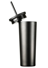 Reusable water bottle. Travel cup for drinking. Simple modern classic Insulated tumbler with straw and flip lid. Stainless Steel bottle. Black Mug for Iced Coffee. Isolated white background.