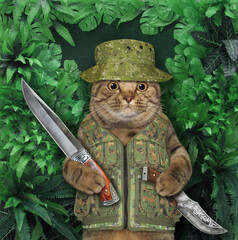 A beige cat hunter holds hunting knives in a wood.