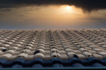 Naklejka premium Grey terracotta roof tiles in a line on a roof