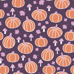 Autumn Pumpkins, Maples Leaves, and Mushrooms Seamless Pattern Background