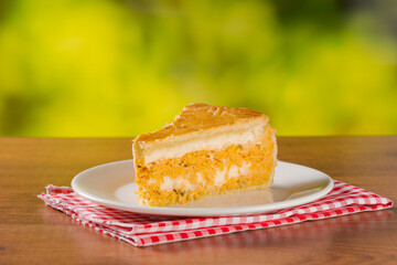 Slice of chicken pie with cheese on a natural background and white plate