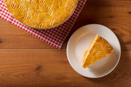 Chicken Pie With Cheese On Wooden Table Top View