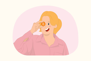 Young business woman cover eye with bitcoin coin currency concept