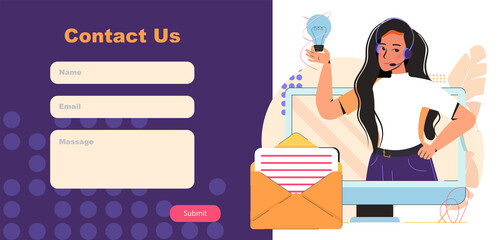 Contact Us form template for web or landing page vector Illustration. Customer service agent in headphones talking with clients. Online customer support, helpdesk concept, mobile hotline, call center.
