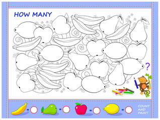 Educational page for children. Find fruits, paint them, count the quantity and write the numbers. Worksheet for mathematics school textbook. Coloring book. Kids activity sheet. Logic puzzle game.