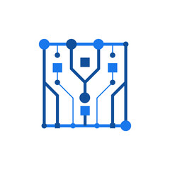 Abstract microchip sign. Network, digital, internet, artificial intelligence technology concept. CPU processor emblem. Design element. Vector business logo template illustration.