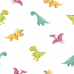Vector color seamless repeating pattern with cute color dinosaurs. Scandinavian-style childish pattern with dinosaurs.