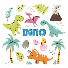 Collection of cute baby dinosaurs. Hand drawn brontosaurus, tyrannosaurus, pteranodon, pterodactyl, triceratops. Set of cartoon vector illustration isolated on white background in trendy Scandinavian © Valentina