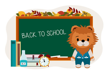 Illustration of a cute lion cub near the school board