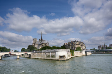 Seine and iconic Notre-Dame cathedral in Paris, France