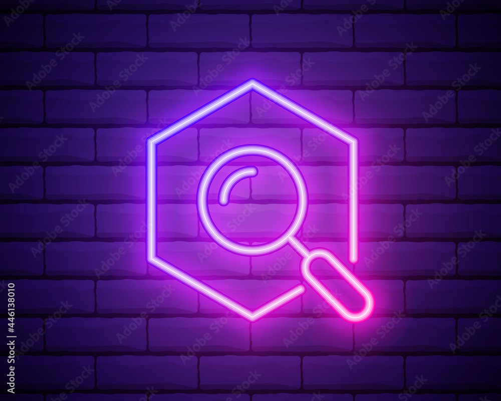 Poster magnifying glass with wrench nut icon in neon style. simple thin line, outline vector of education i