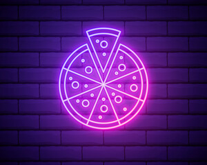 Pizza - Neon Sign Vector. Pizza - neon sign on brick wall background, design element, light banner, announcement neon signboard, night advensing. Vector Illustration