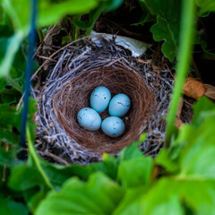 Finch nest with four small robin's-egg blue colored speckled eggs