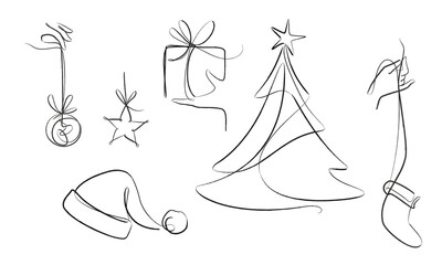 Handdrawn christmas collection with one line art christmas decoration and interacting hands with different gesture