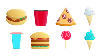 Set of eight icons of items of delicious food and snacks for a cafe bar restaurant on a white background: burger, popcorn, pizza, ice cream, coffee, candy