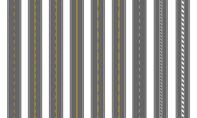 Empty straight roads. Vertical top view. Set of highways with different markings. Seamless roadway templates isolated on white background. Carriageway elements of city map. Vector flat illustration. - obrazy, fototapety, plakaty
