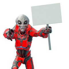 mega alien is holding a white handle sign