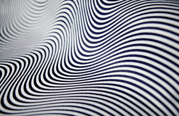 Geometric striped abstract optical illusion, pattern. Black and white vibrant parallel curves, web background. 