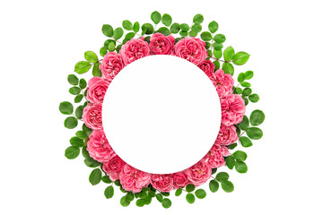 Round white paper mockup. Rose flower wreath. Roses green leaves
