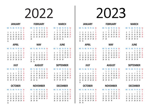 2022 2023 years calendar. Week starts on Monday template. Vector illustration